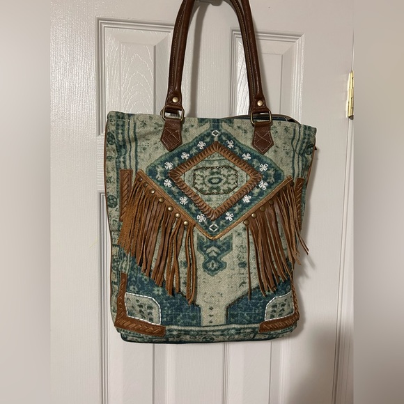 Handbags - Tribal Fringe Tote Bag - Blue and Brown